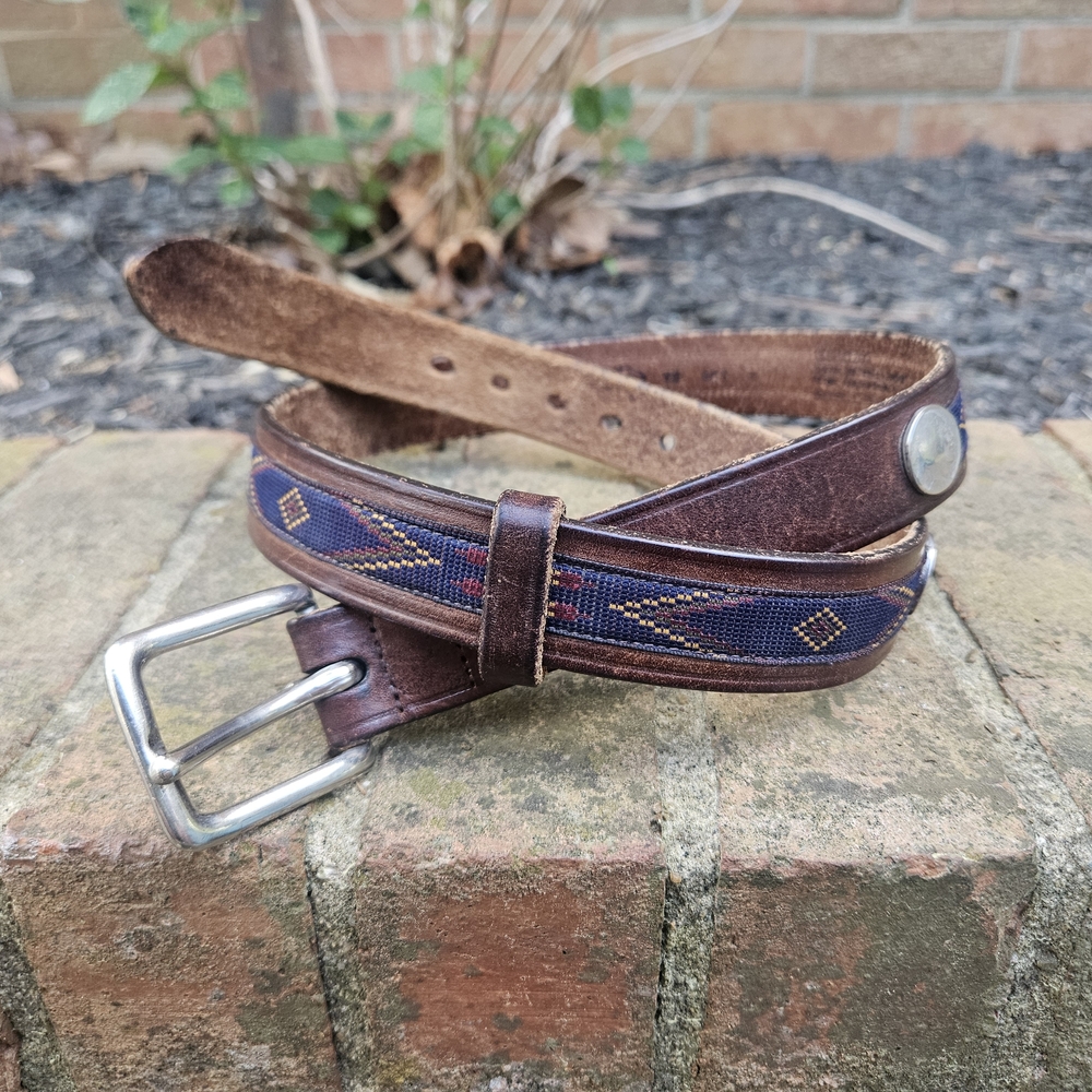 Old West Brown Leather Belt with Navy and Multicolor Woven Accent